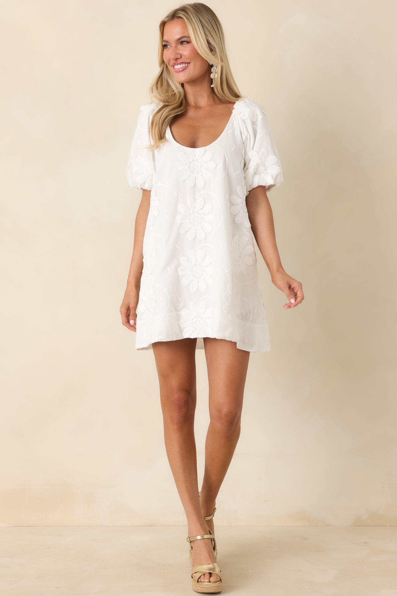 MINKPINK Alessia White Cotton Floral Applique Mini Dress