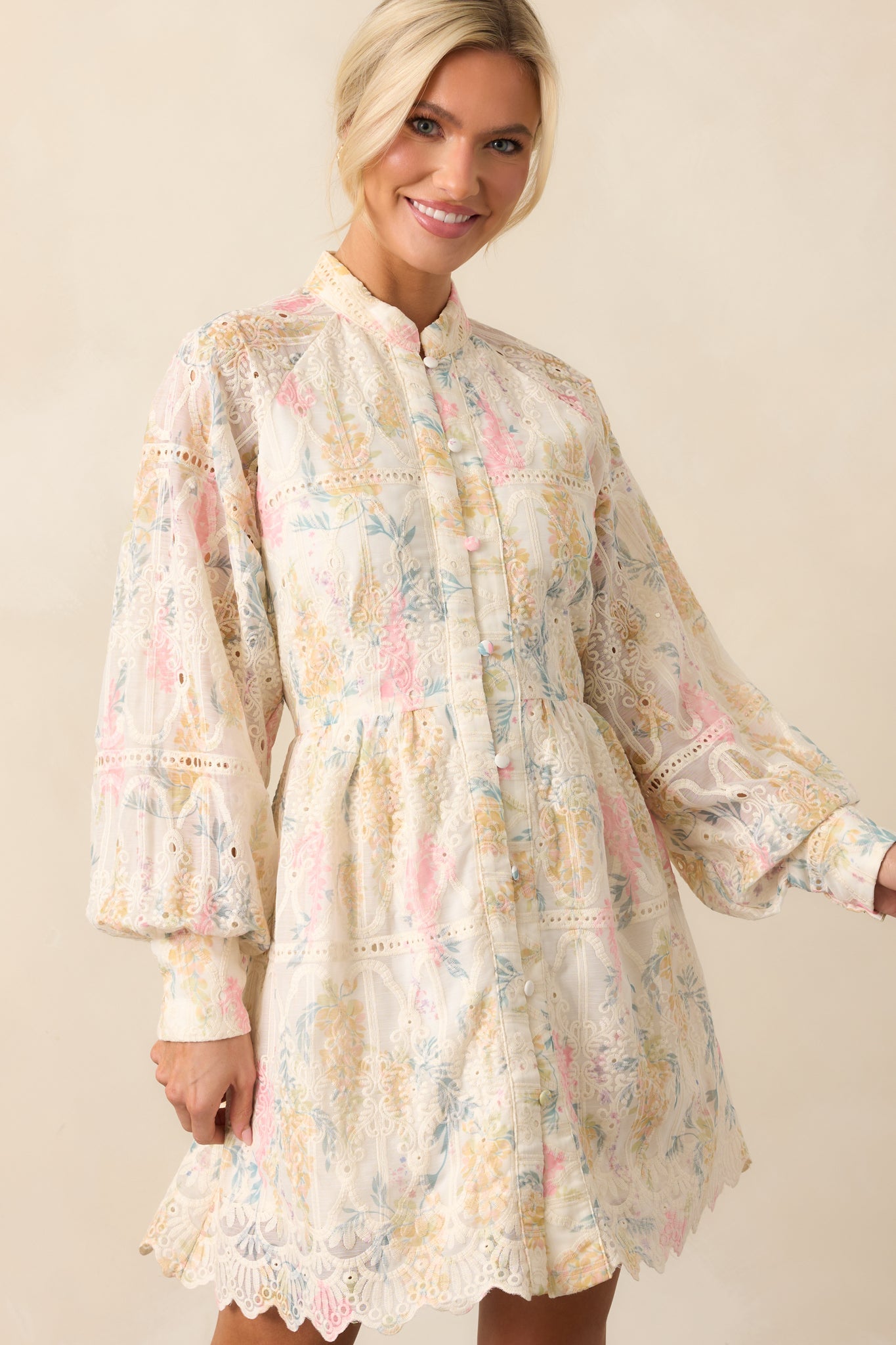 The Art Of Being Ivory Floral Embroidered Eyelet Mini Dress
