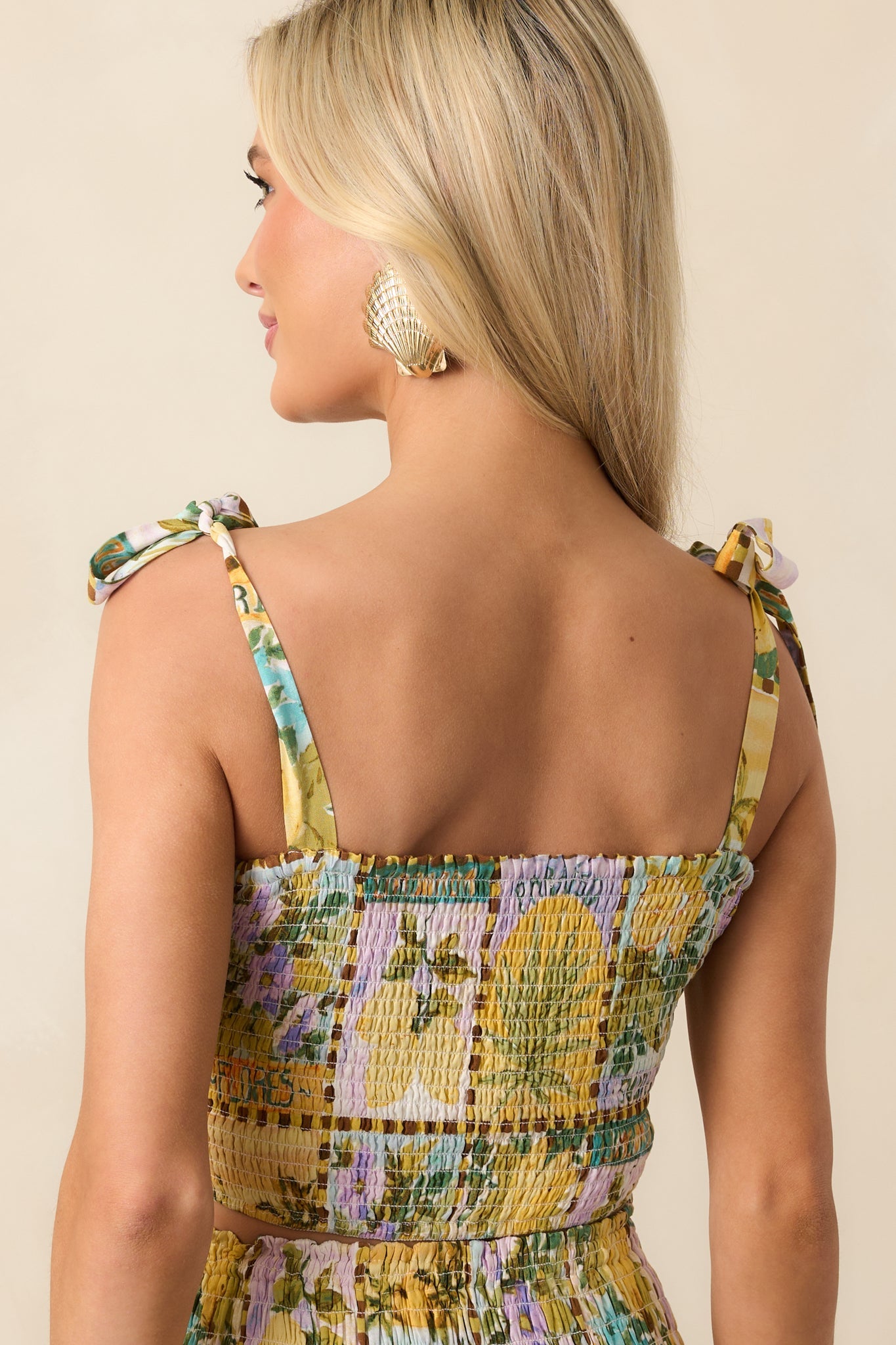 Shore Thing Green Tropical Print Smocked Crop Top