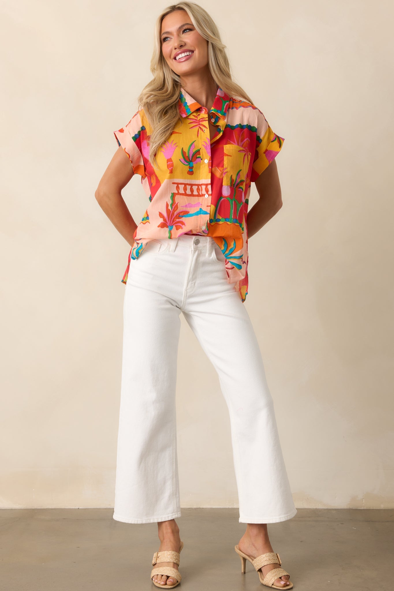 Urban Jungle Orange Tropical Print Cotton Button Front Top