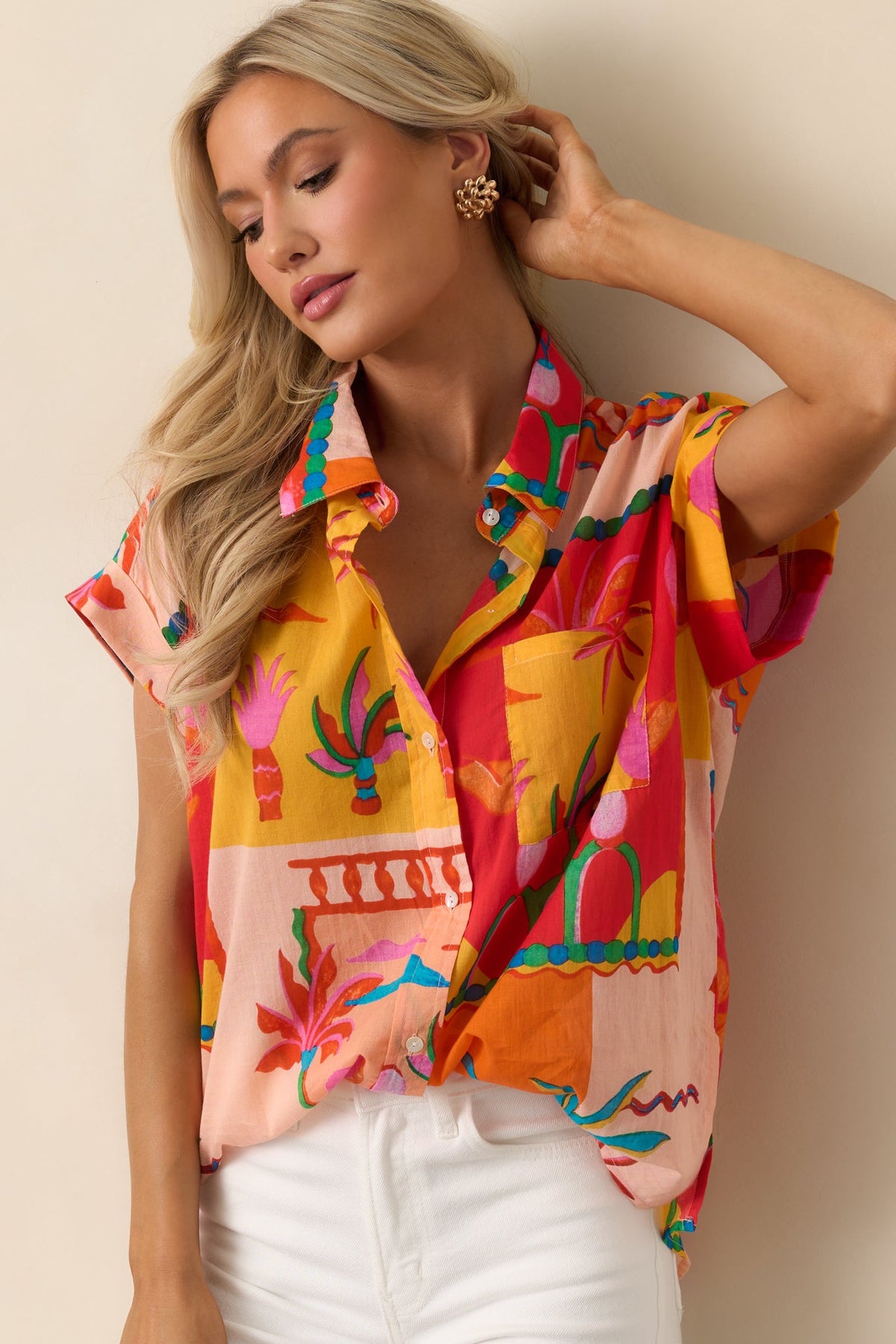 Urban Jungle Orange Tropical Print Cotton Button Front Top