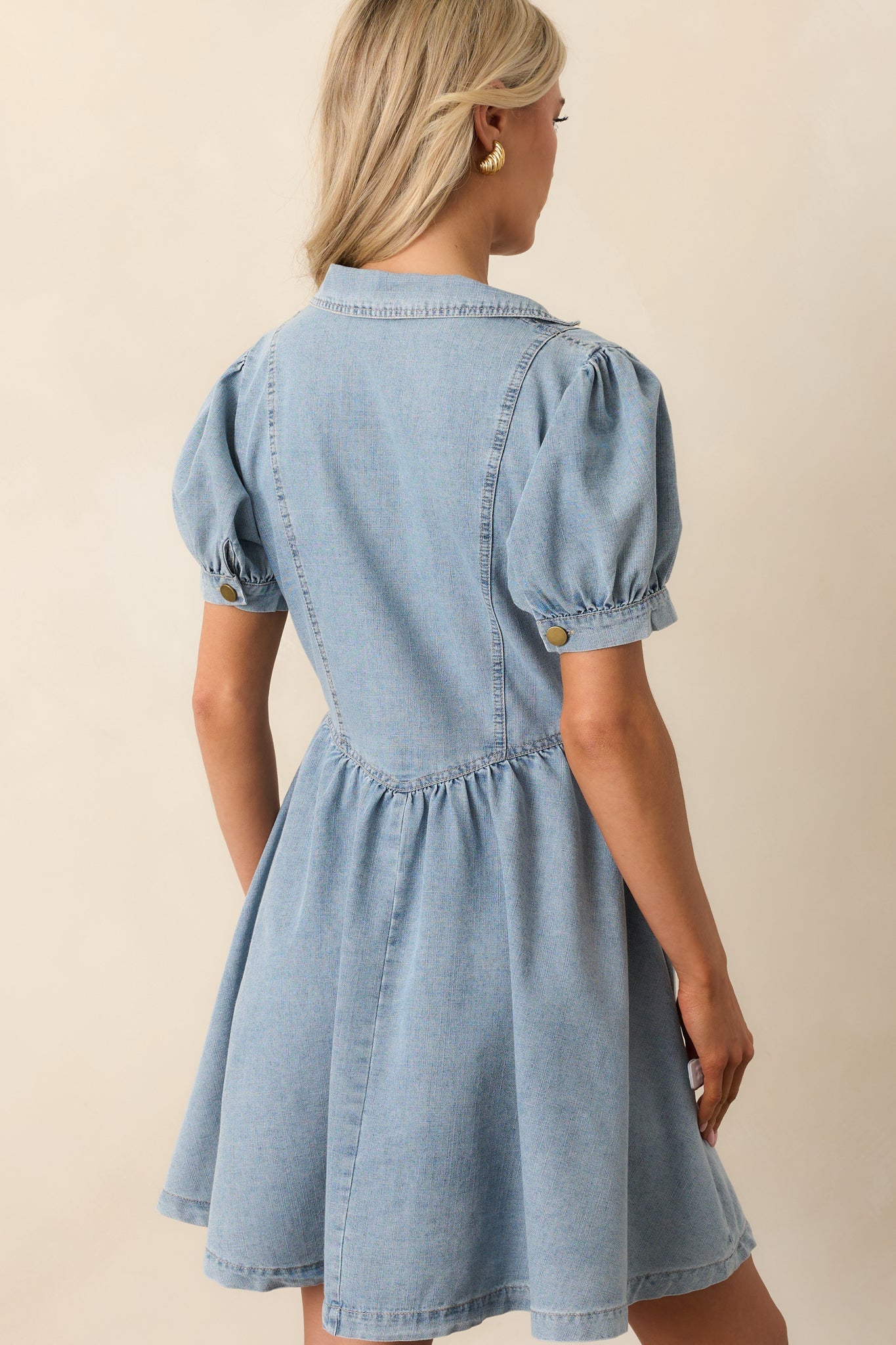 The World Awaits Light Wash Denim Mini Shirt Dress