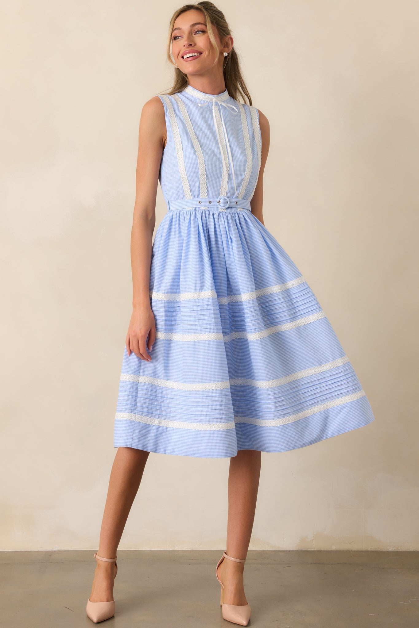 Emma Blue Micro Gingham Cotton Ribbon Trim Dress