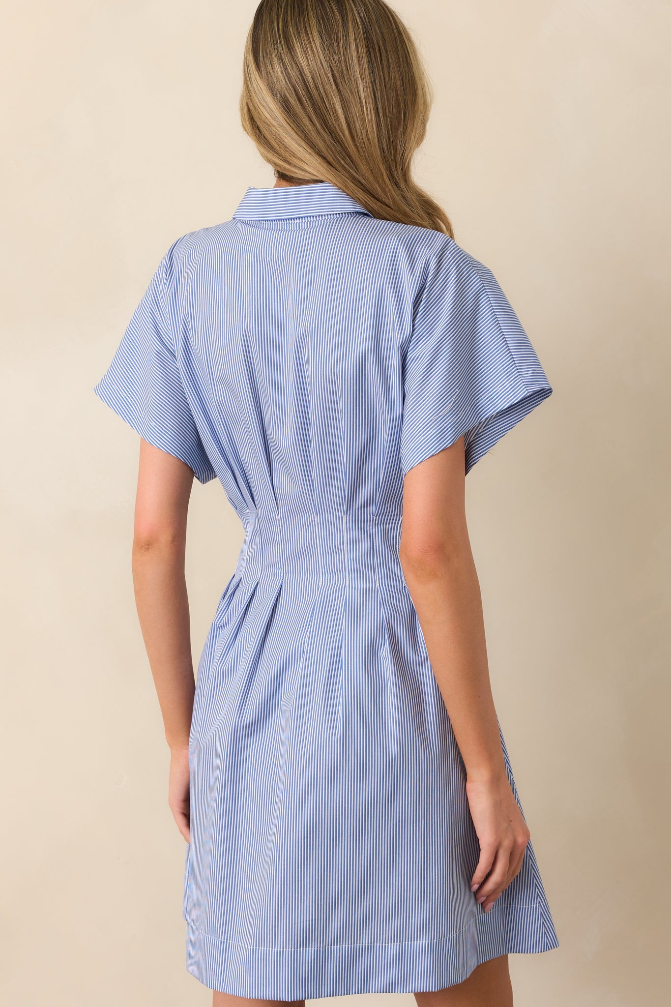No Timeline Blue Stripe Cotton Pleated Mini Shirt Dress