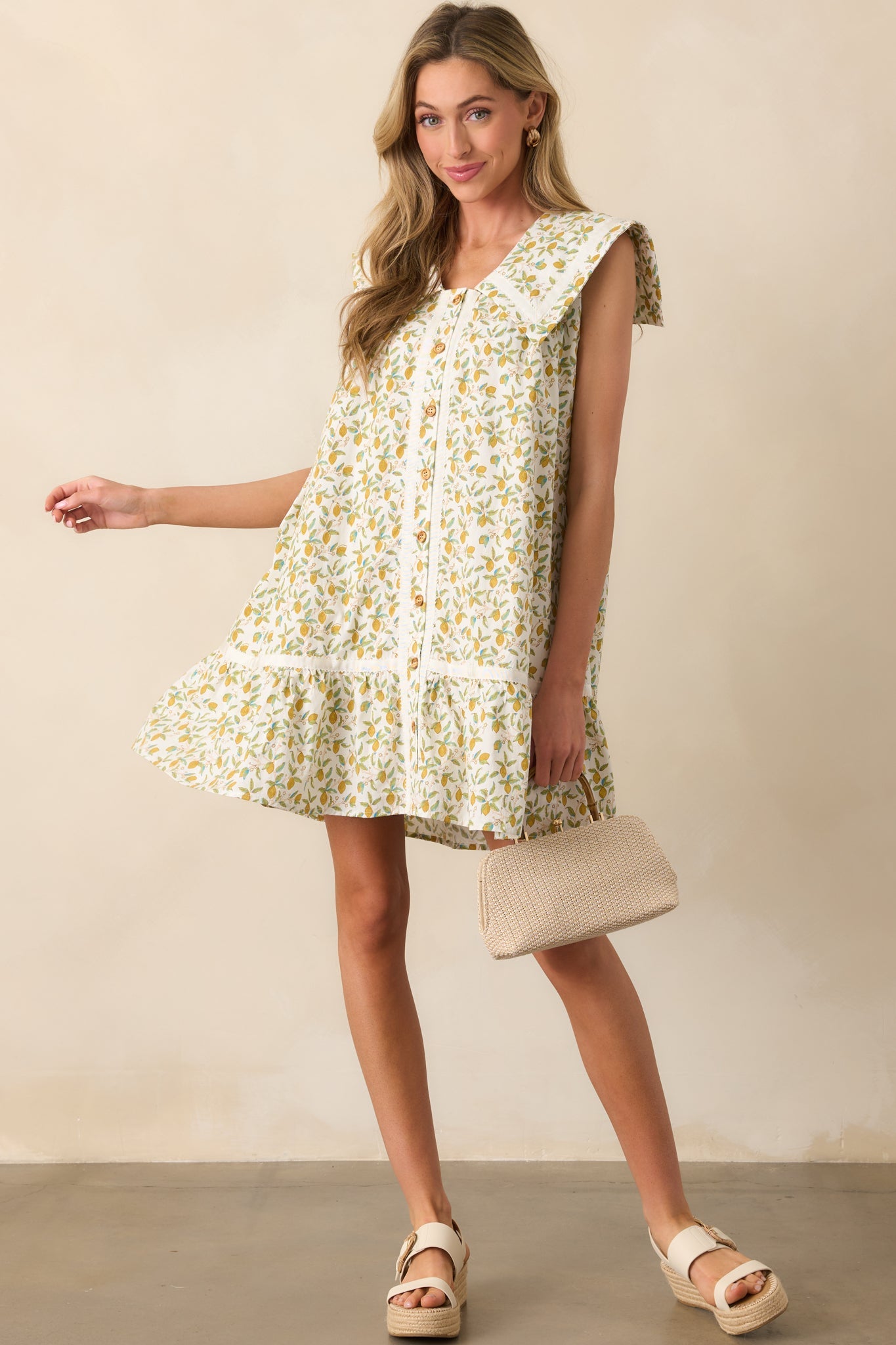 On A Whim Light Green Lemon Print Cotton Mini Shirt Dress