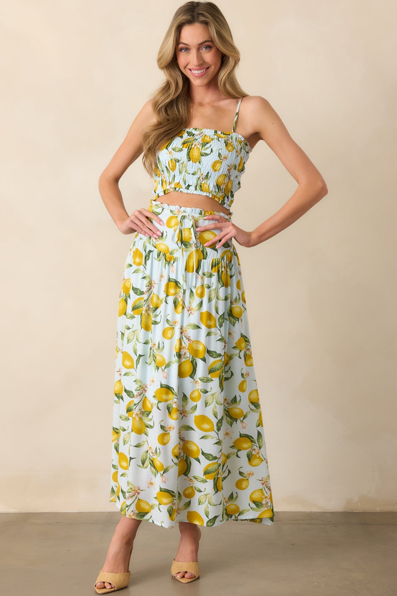 On The Sunny Side Light Blue Lemon Print Smocked Crop Top