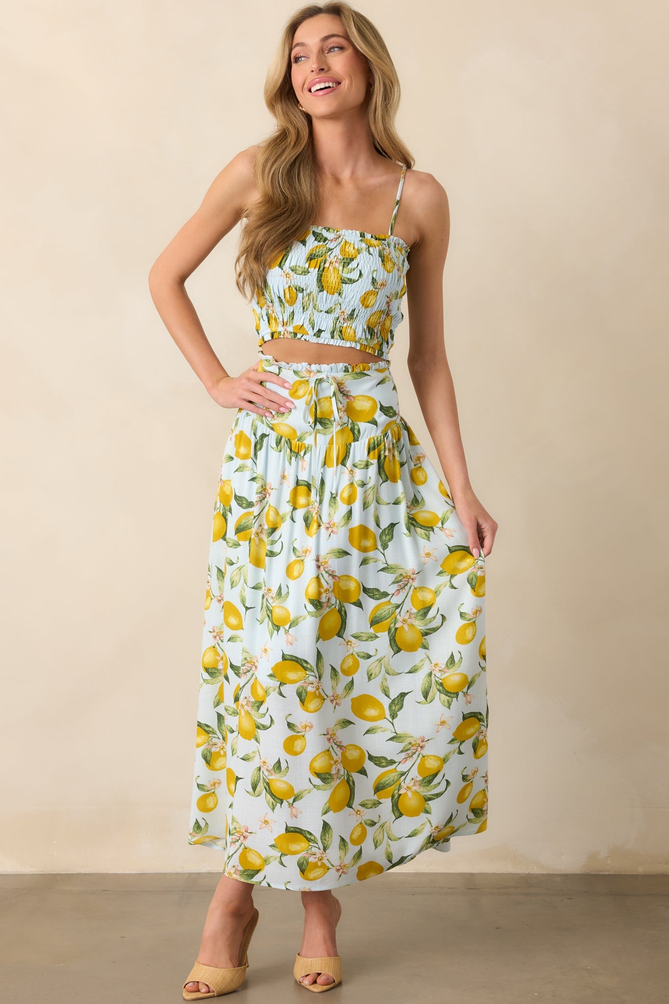 On The Sunny Side Light Blue Lemon Print Smocked Crop Top