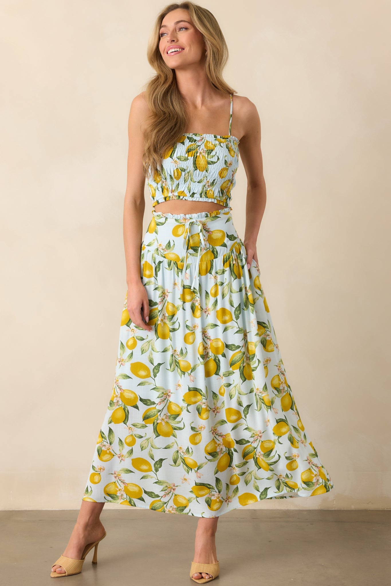 On The Sunny Side Light Blue Lemon Print Smocked Crop Top