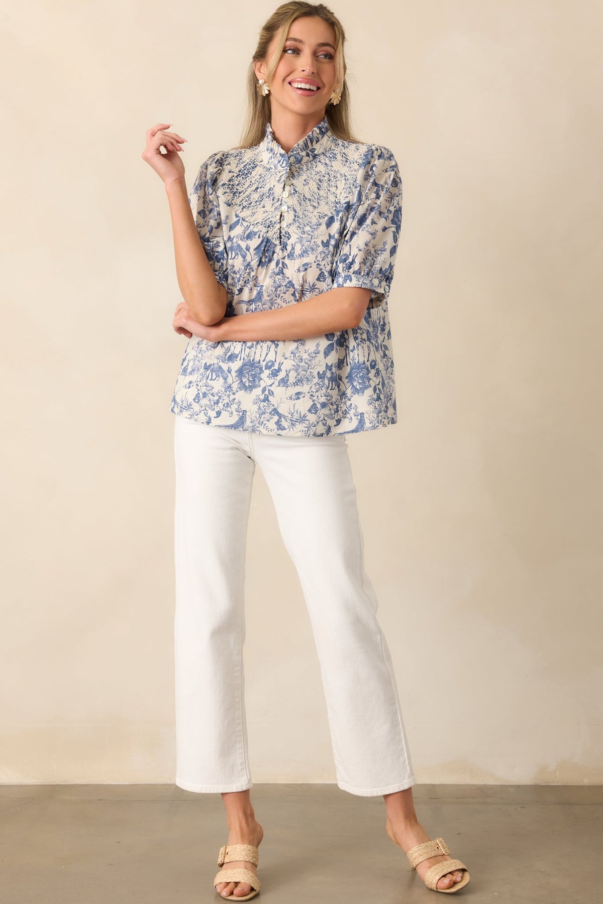 The Gift Of Time Blue Cotton Toile Half Sleeve Top