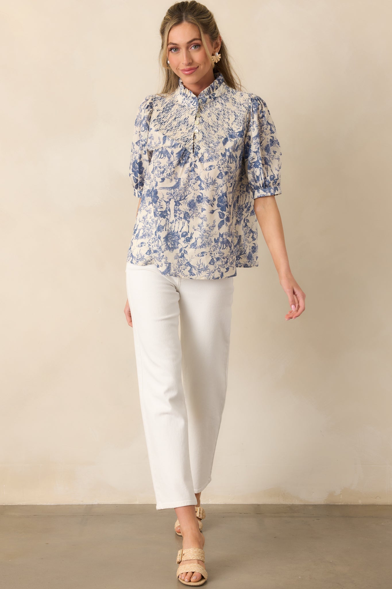 The Gift Of Time Blue Cotton Toile Half Sleeve Top