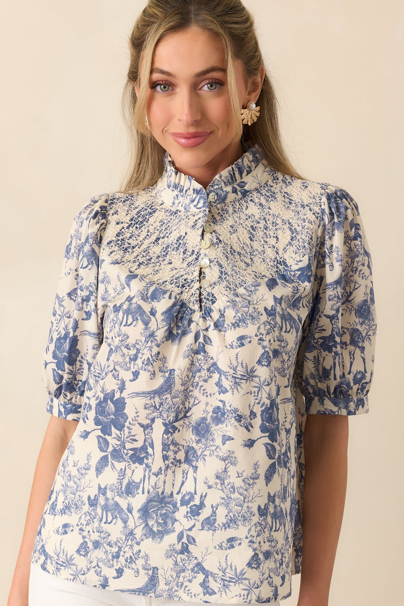 The Gift Of Time Blue Cotton Toile Half Sleeve Top