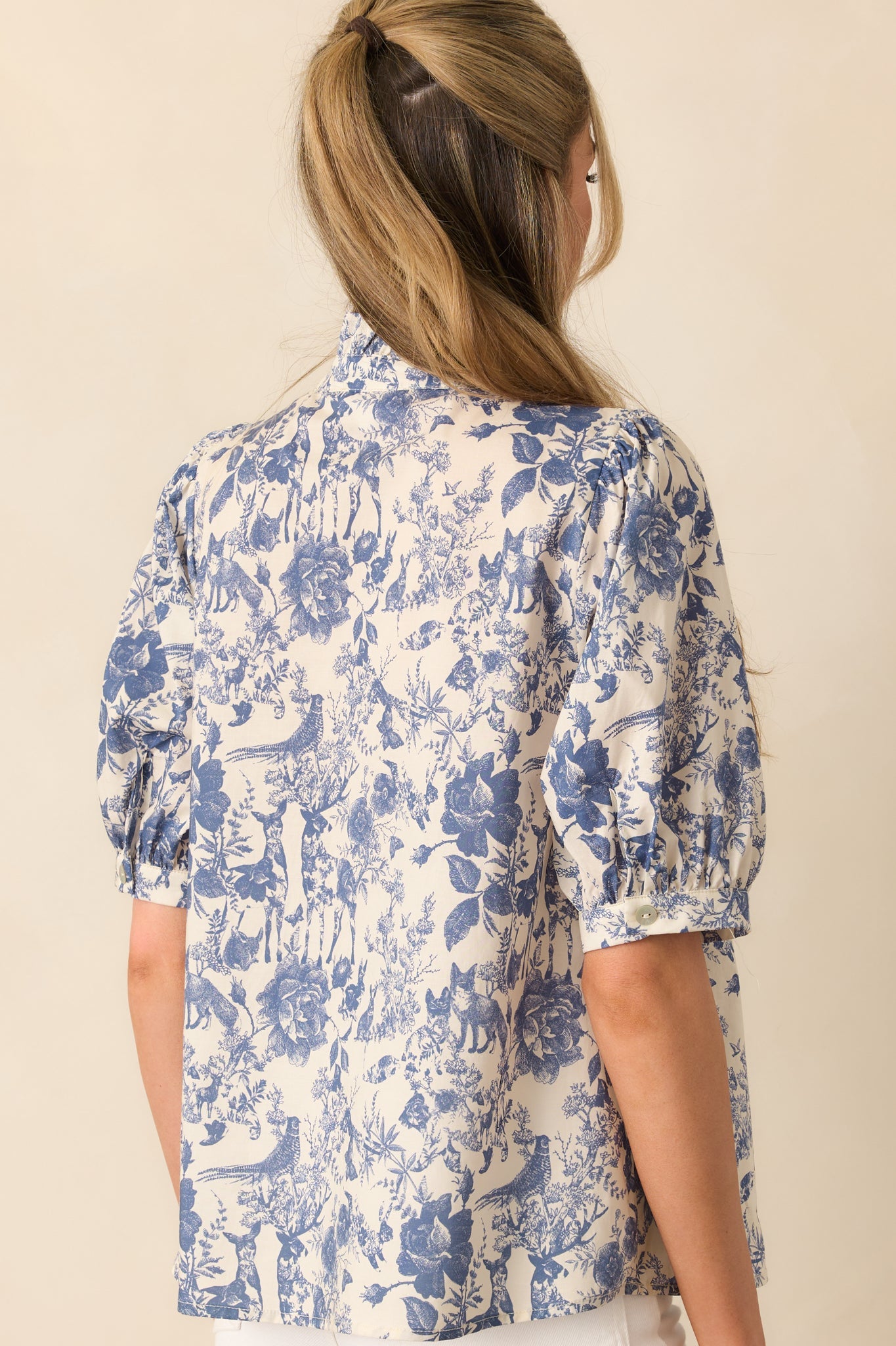 The Gift Of Time Blue Cotton Toile Half Sleeve Top