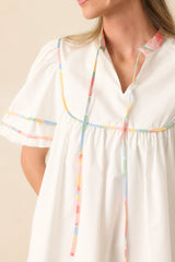 Take Another Look White Multi Floral Trim Cotton Mini Dress