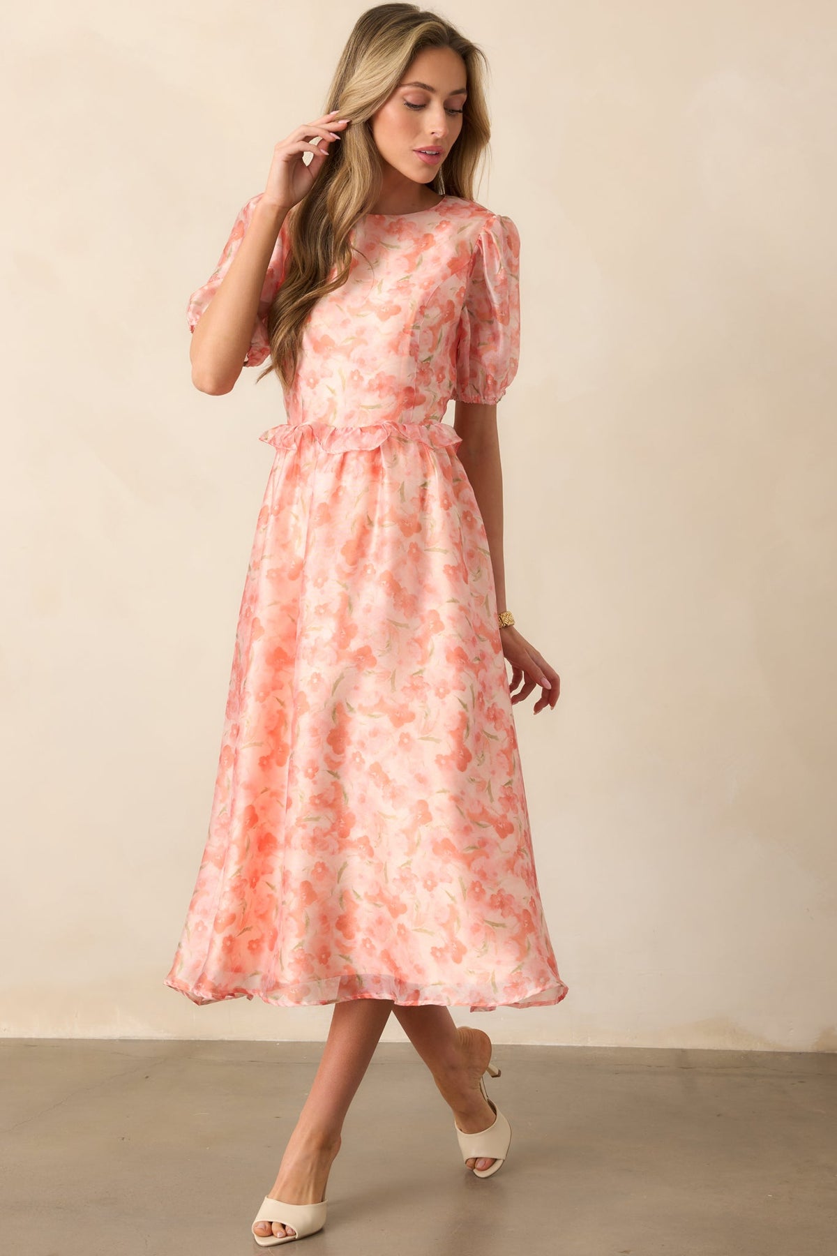 Tale As Old As Time Light Peach Floral Midi Dress
