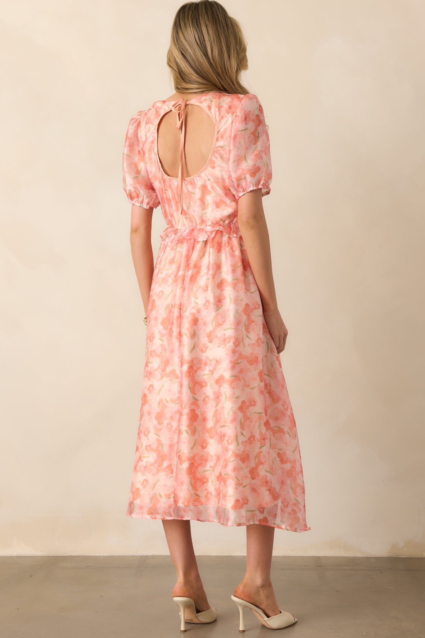 Tale As Old As Time Light Peach Floral Midi Dress