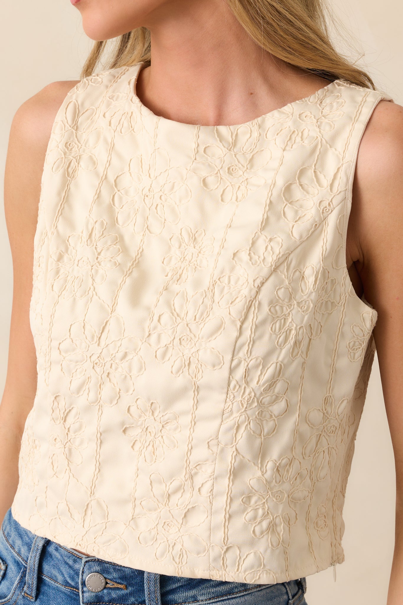 One For The Books Beige Floral Embroidered Top