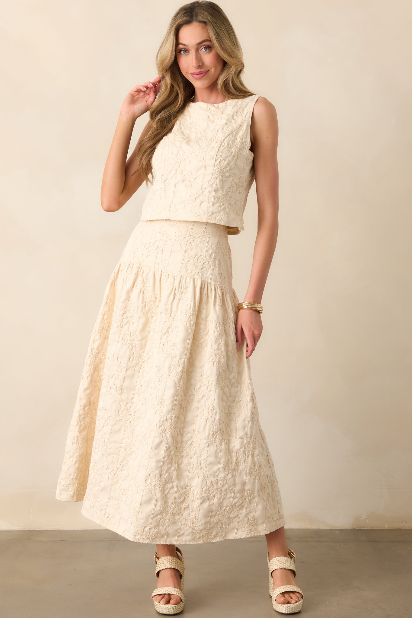 One For The Books Beige Floral Embroidered Top