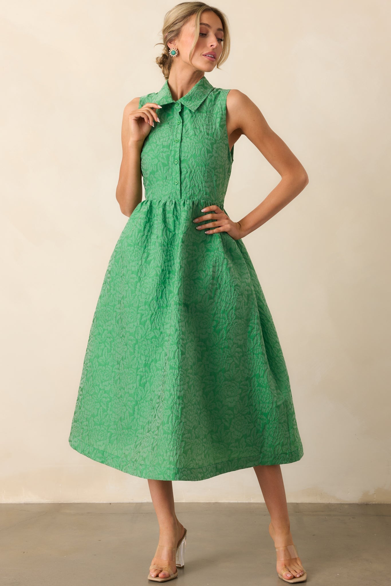 Said And Done Green Floral Jacquard Midi Shirt Dress