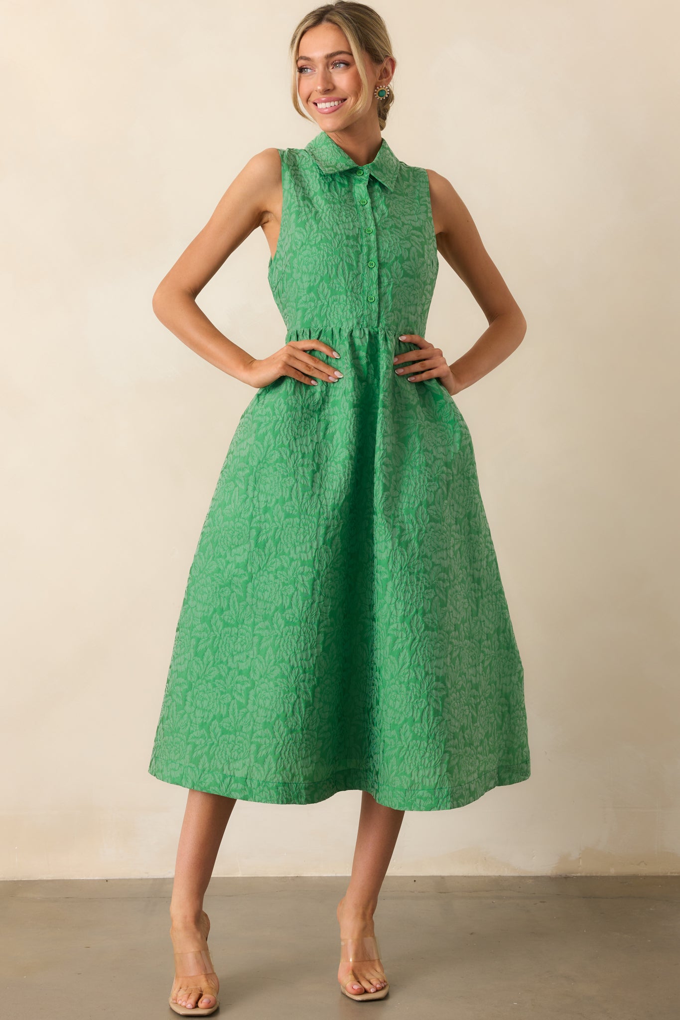 Said And Done Green Floral Jacquard Midi Shirt Dress