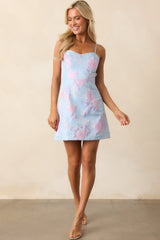 She's A Vision Light Blue Floral Jacquard Bow Back Mini Dress
