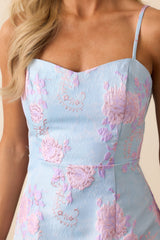 She's A Vision Light Blue Floral Jacquard Bow Back Mini Dress