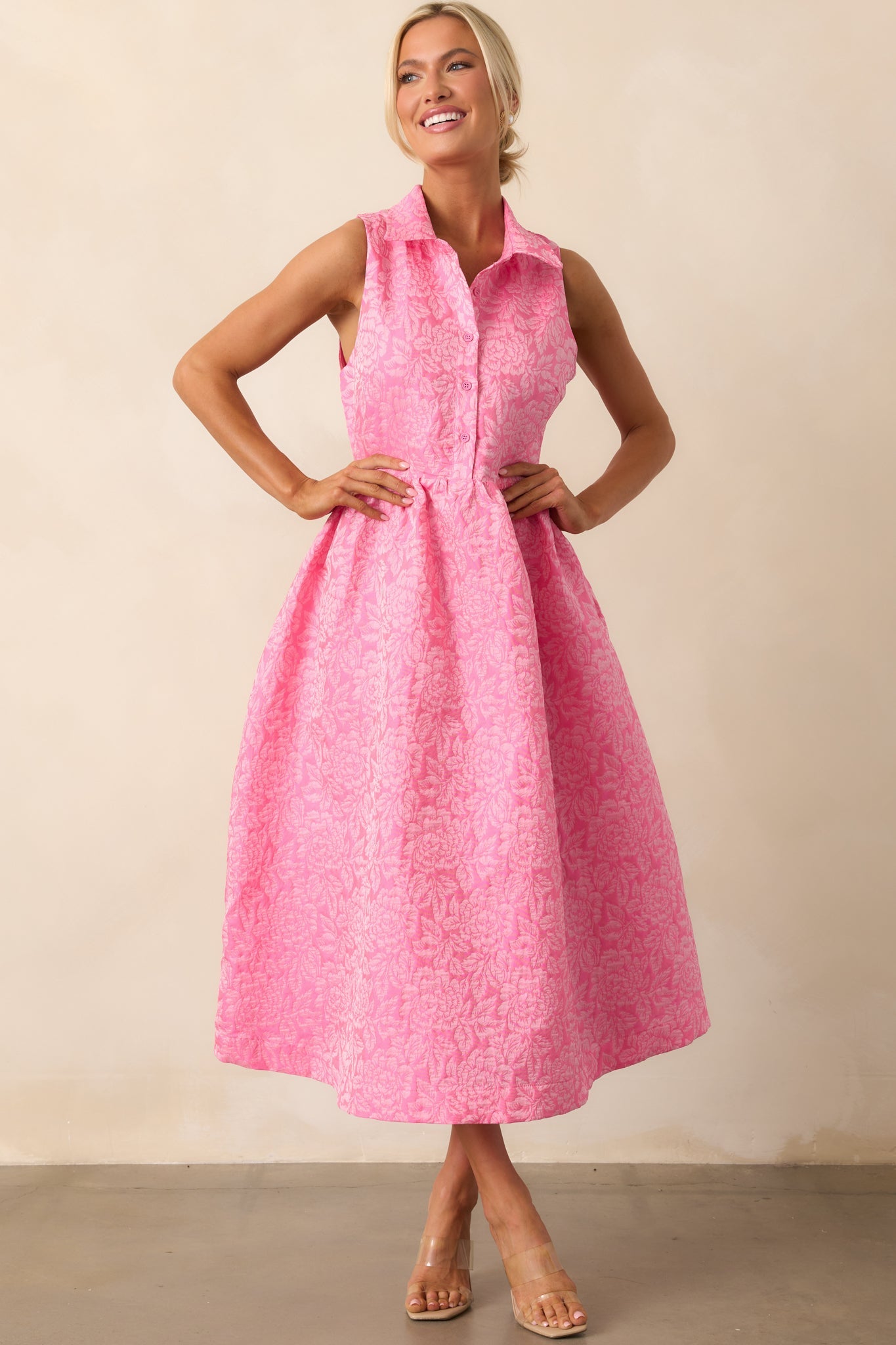 Said And Done Pink Floral Jacquard Midi Shirt Dress