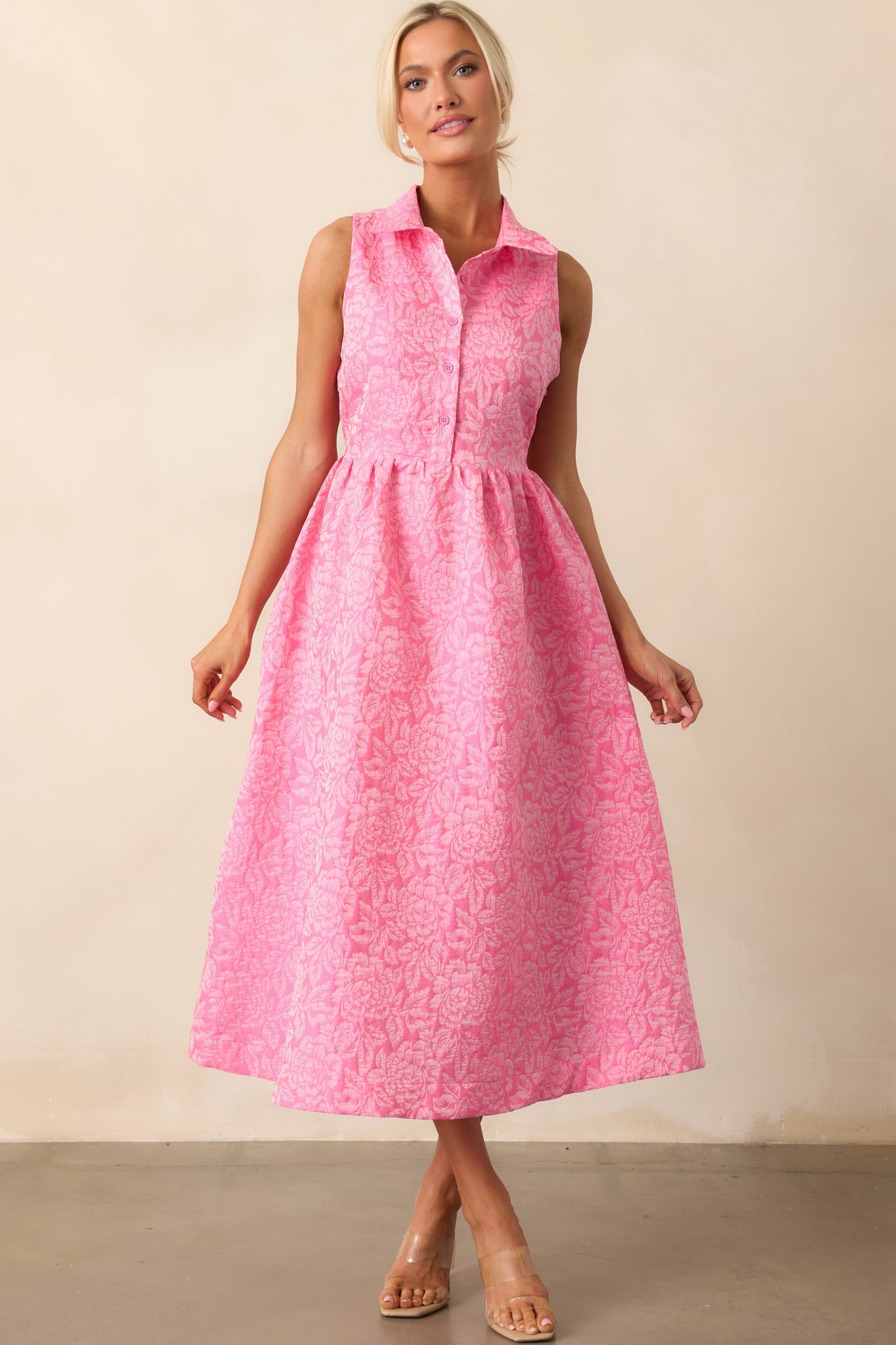 Said And Done Pink Floral Jacquard Midi Shirt Dress