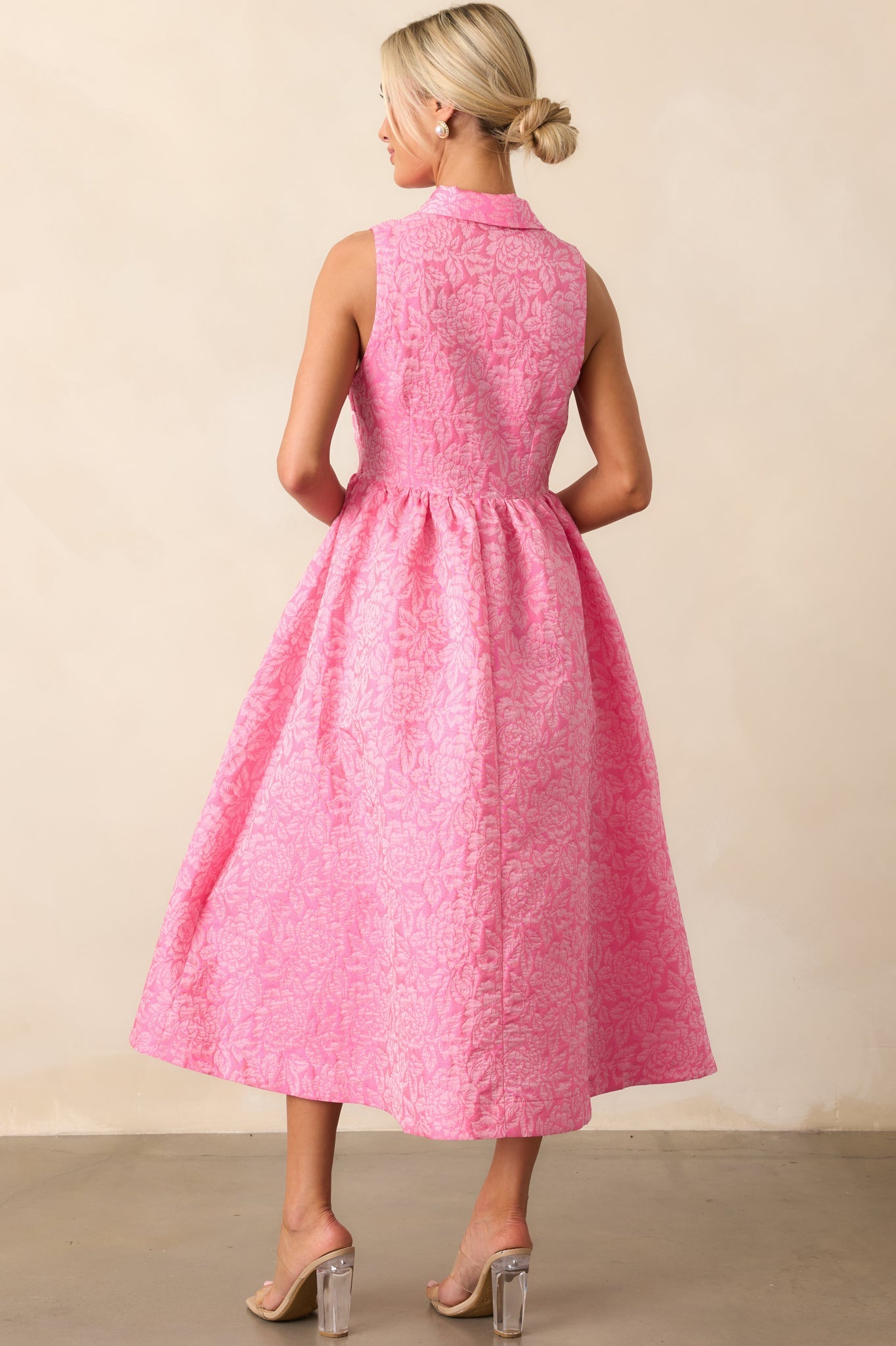 Said And Done Pink Floral Jacquard Midi Shirt Dress