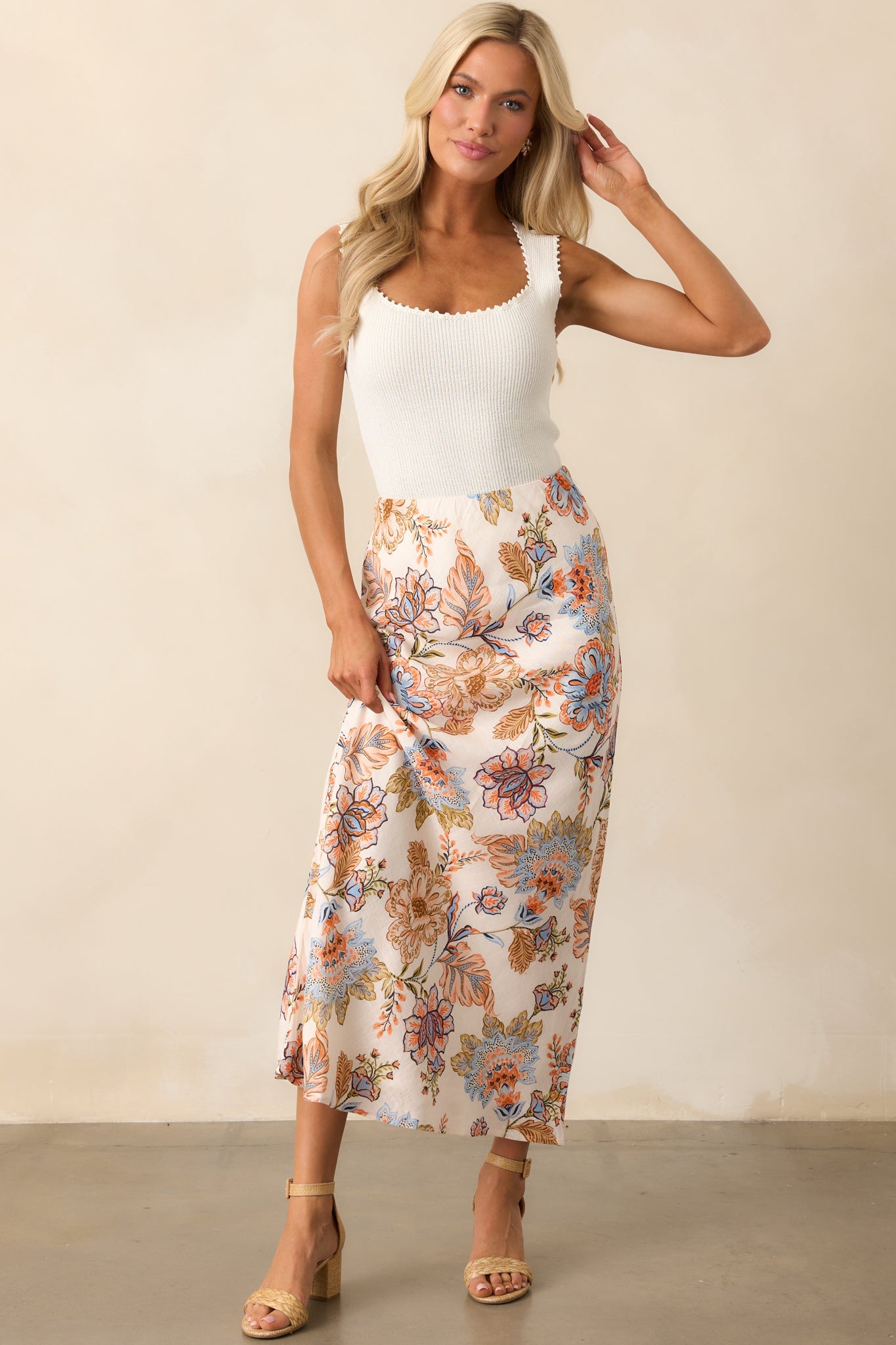 MINKPINK Ivory Floral Marceline Bias Midi Skirt