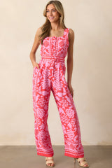 Take The Leap Coral Pink Floral Button Front Belted Jumpsuit
