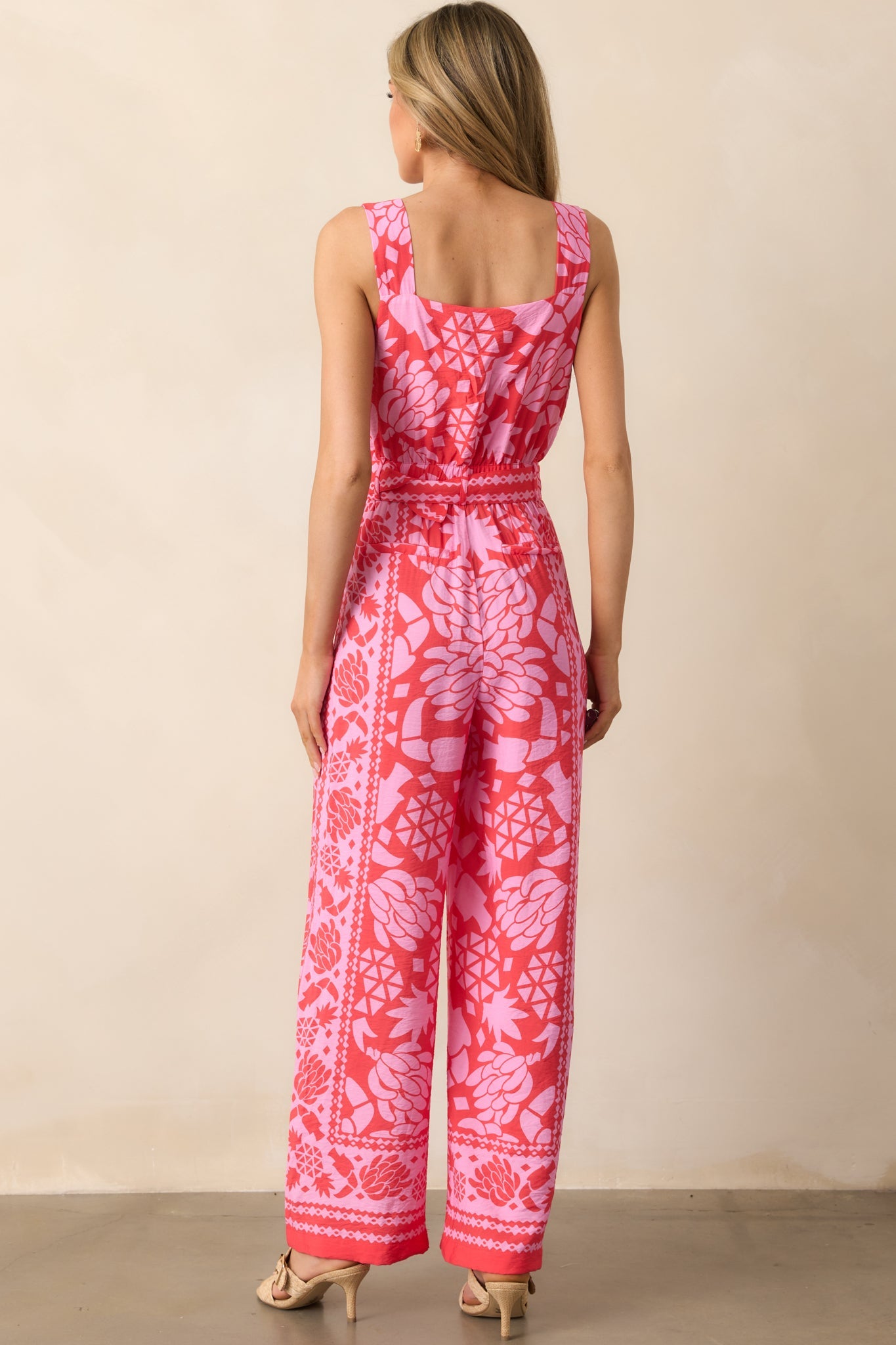 Take The Leap Coral Pink Floral Button Front Belted Jumpsuit