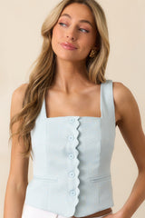The Sky's The Limit Sky Blue Scallop Button Front Crop Top