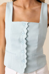 The Sky's The Limit Sky Blue Scallop Button Front Crop Top