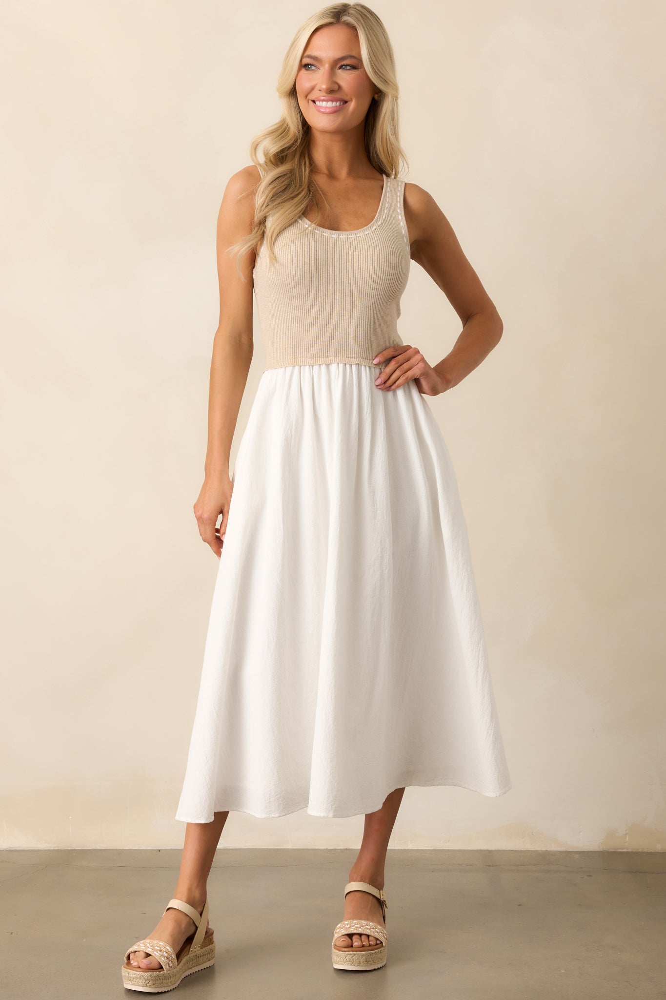 Soft Spaces Beige Sleeveless Knit Bodice Midi Dress