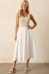 Soft Spaces Beige Sleeveless Knit Bodice Midi Dress