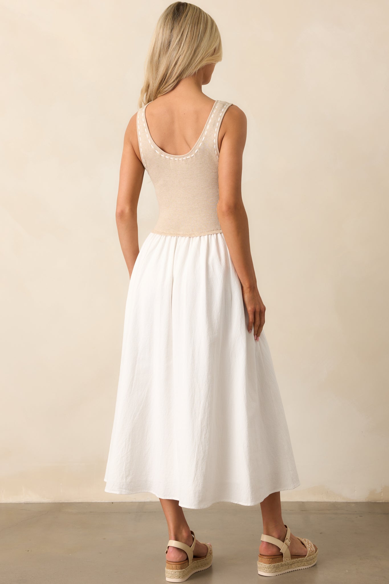 Soft Spaces Beige Sleeveless Knit Bodice Midi Dress