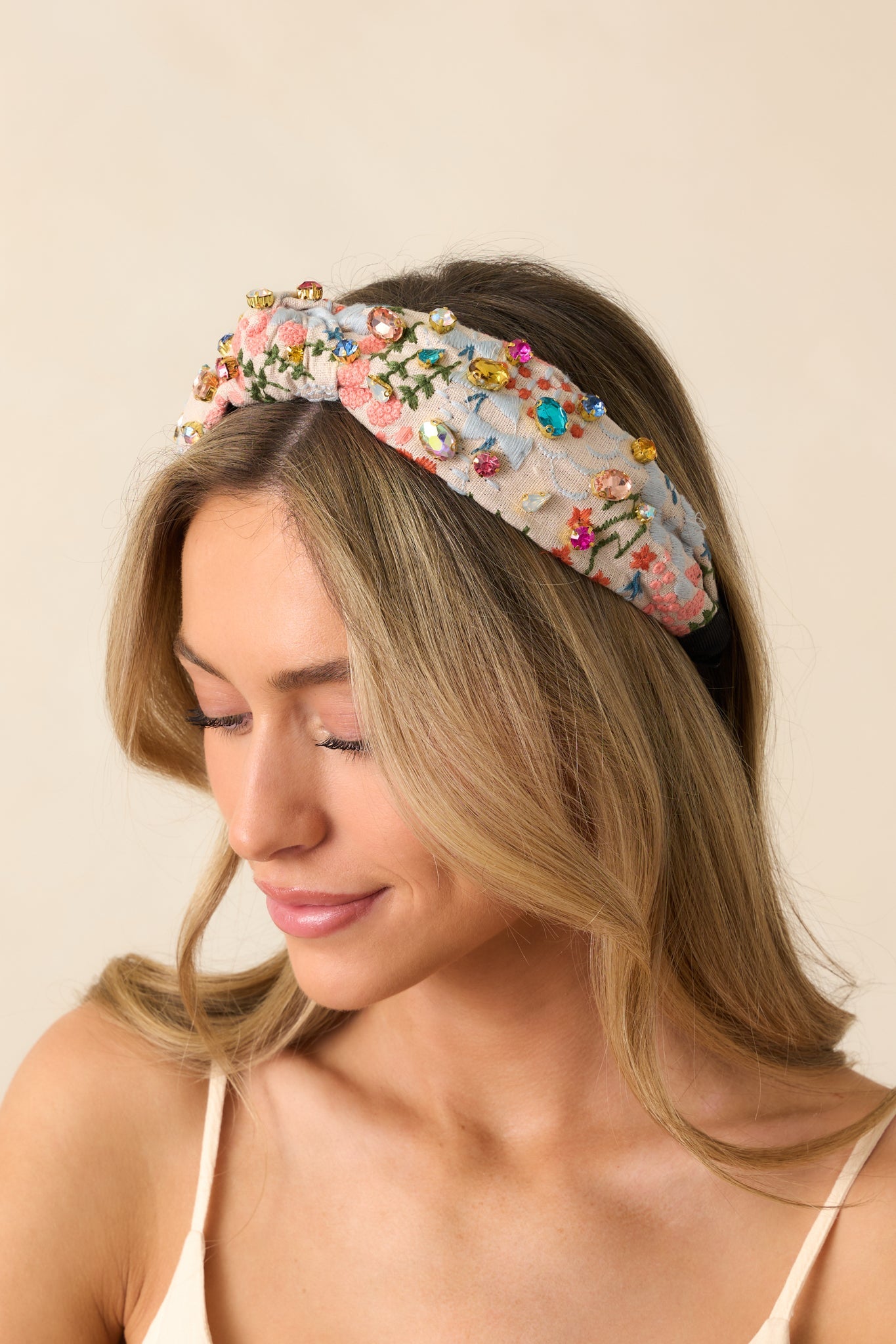 True To Yourself Beige Floral Embroidered Knot Headband