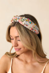 True To Yourself Beige Floral Embroidered Knot Headband