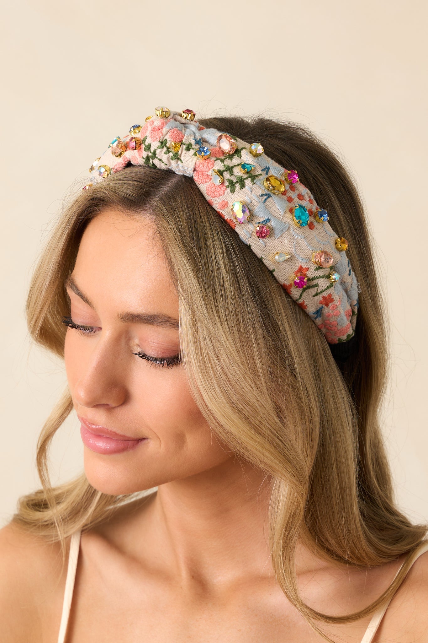 True To Yourself Beige Floral Embroidered Knot Headband
