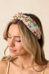 True To Yourself Beige Floral Embroidered Knot Headband