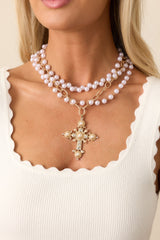 Here For You Gold Ivory Pearl layered Cross Necklace