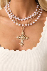 Here For You Gold Ivory Pearl layered Cross Necklace