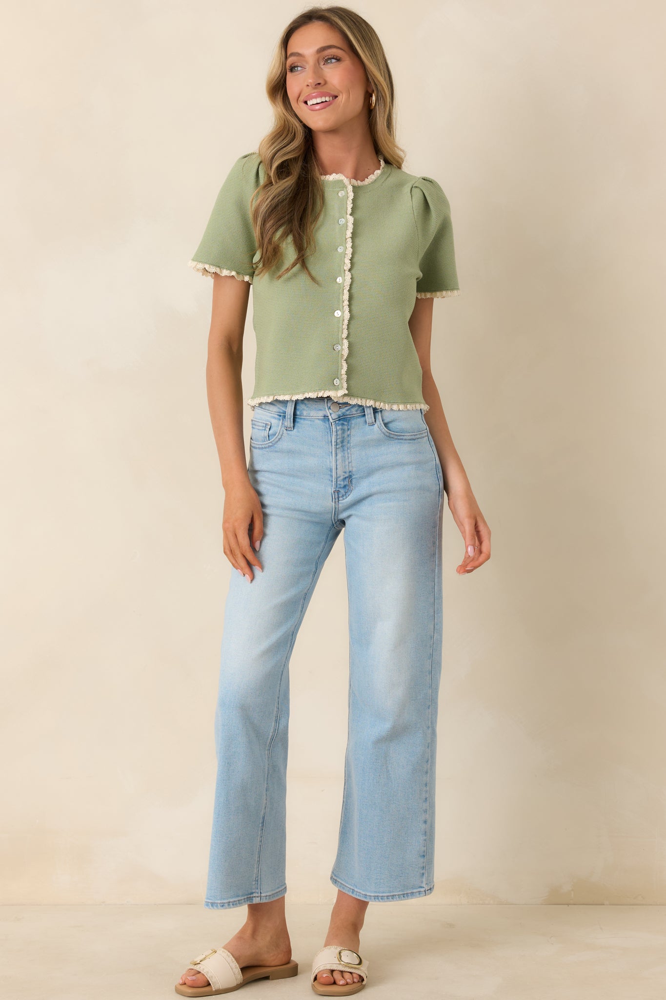 Like a Dream Light Green Knit Lace Trim Button Front Top