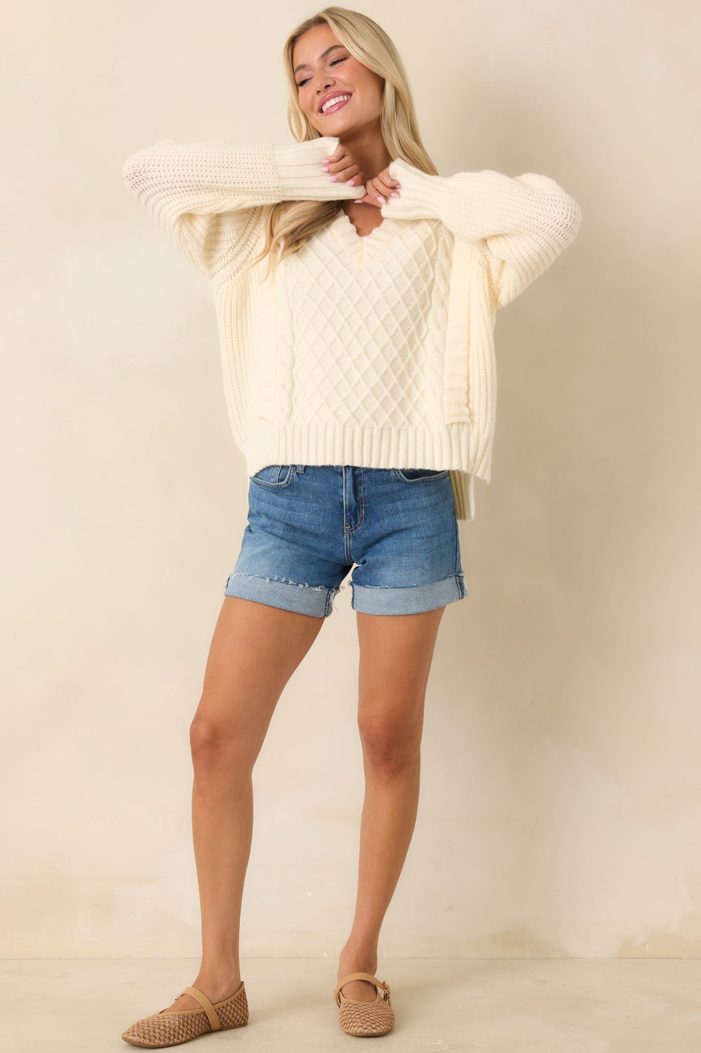 Softly Structured Ivory Knit Textured Panel V-Neck Sweater