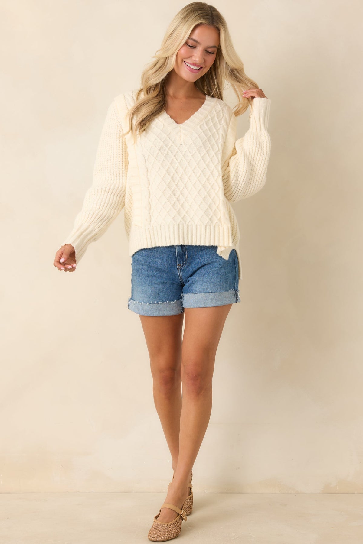 Softly Structured Ivory Knit Textured Panel V-Neck Sweater