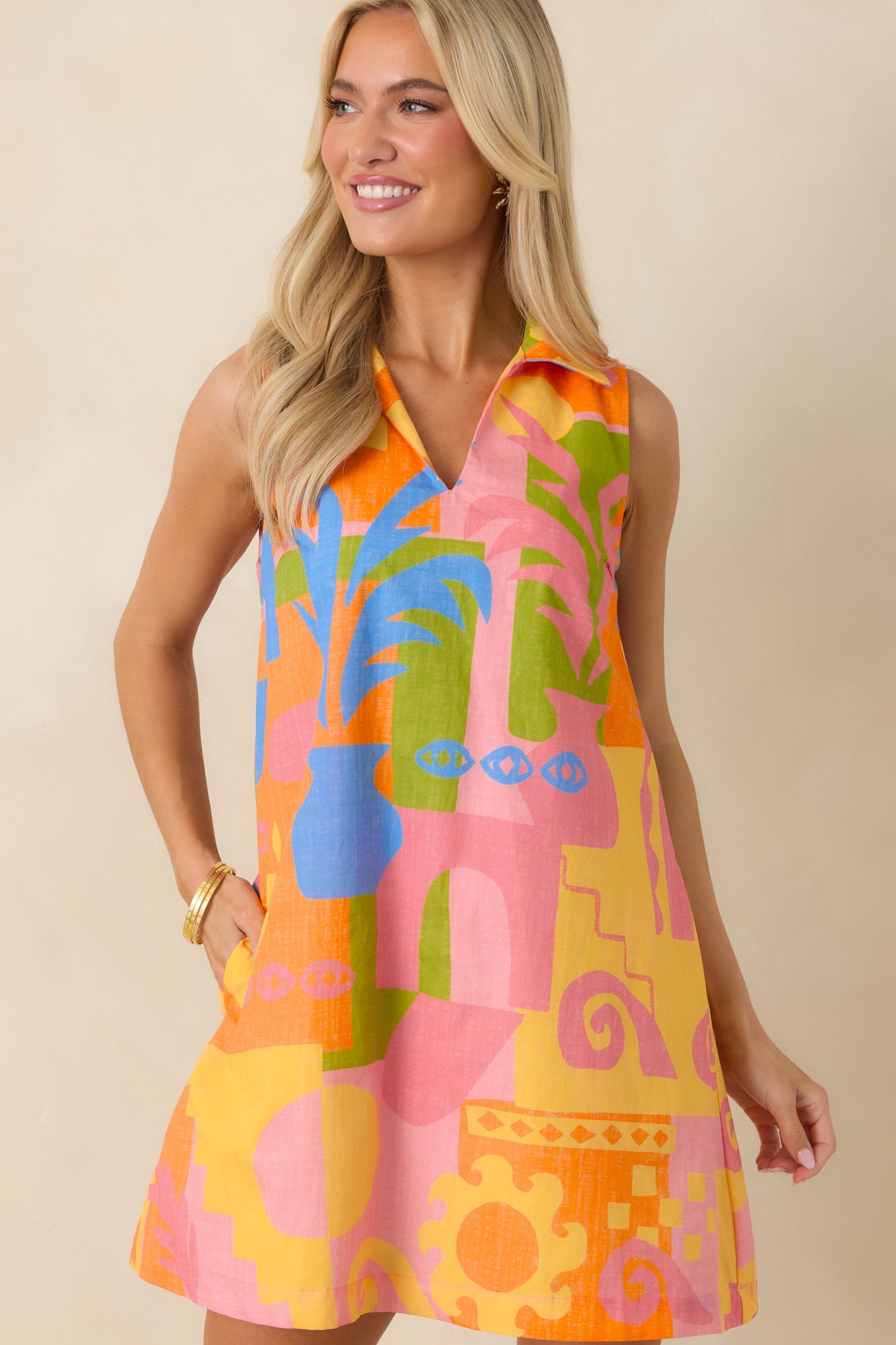 Paradisa Tybee Orange Multi Cotton Abstract Print Mini Dress