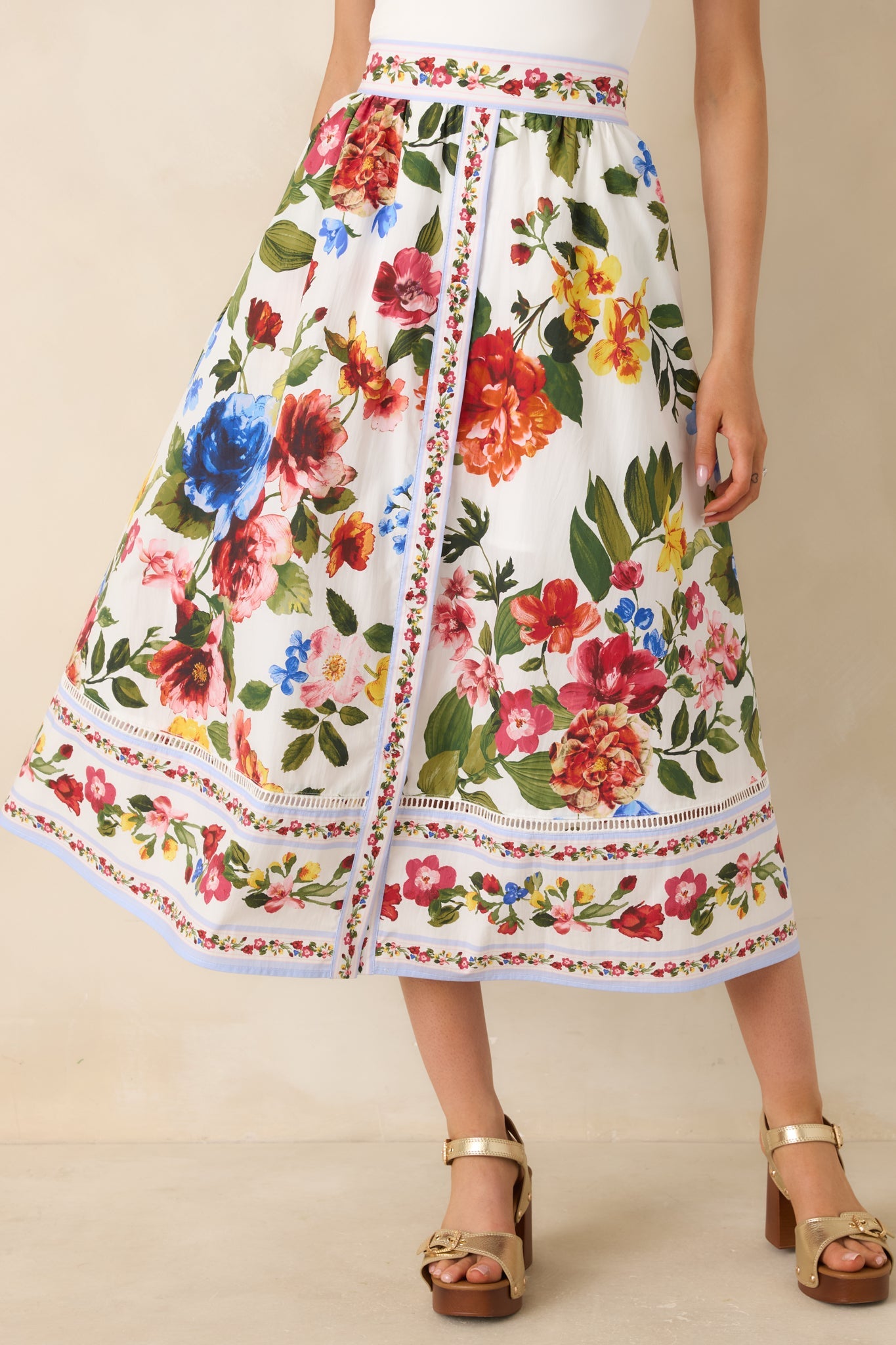 Painted Garden Ivory Multi Floral Cotton Midi Skirt