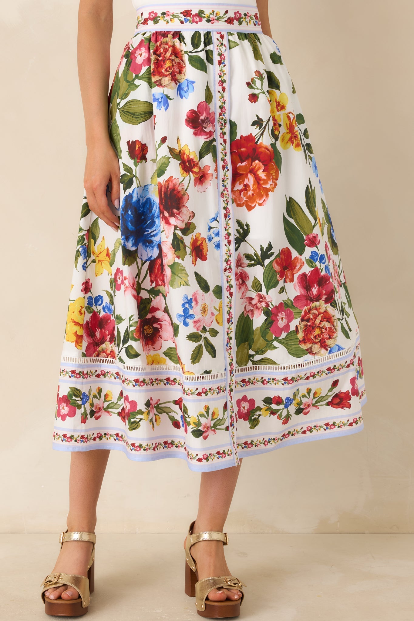 Painted Garden Ivory Multi Floral Cotton Midi Skirt