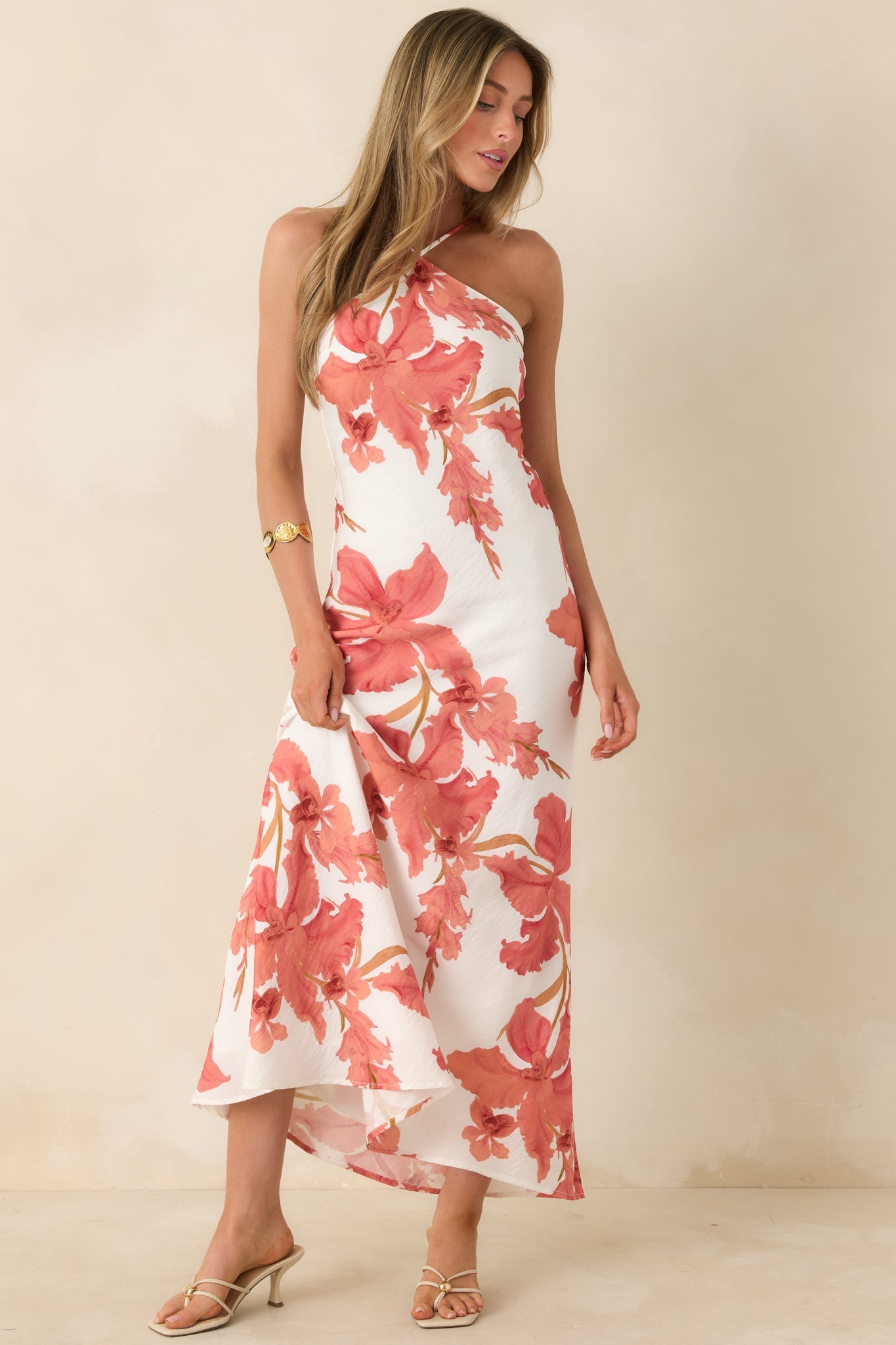 MINKPINK Isla Peach Hibiscus Halter Maxi Dress