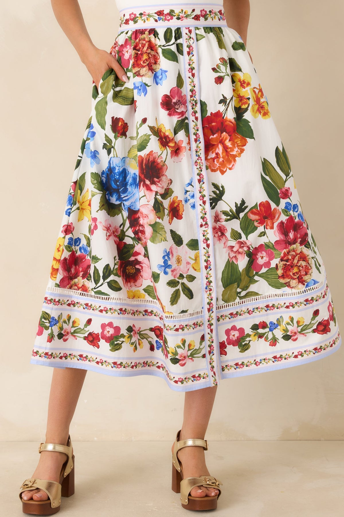 Painted Garden Ivory Multi Floral Cotton Midi Skirt